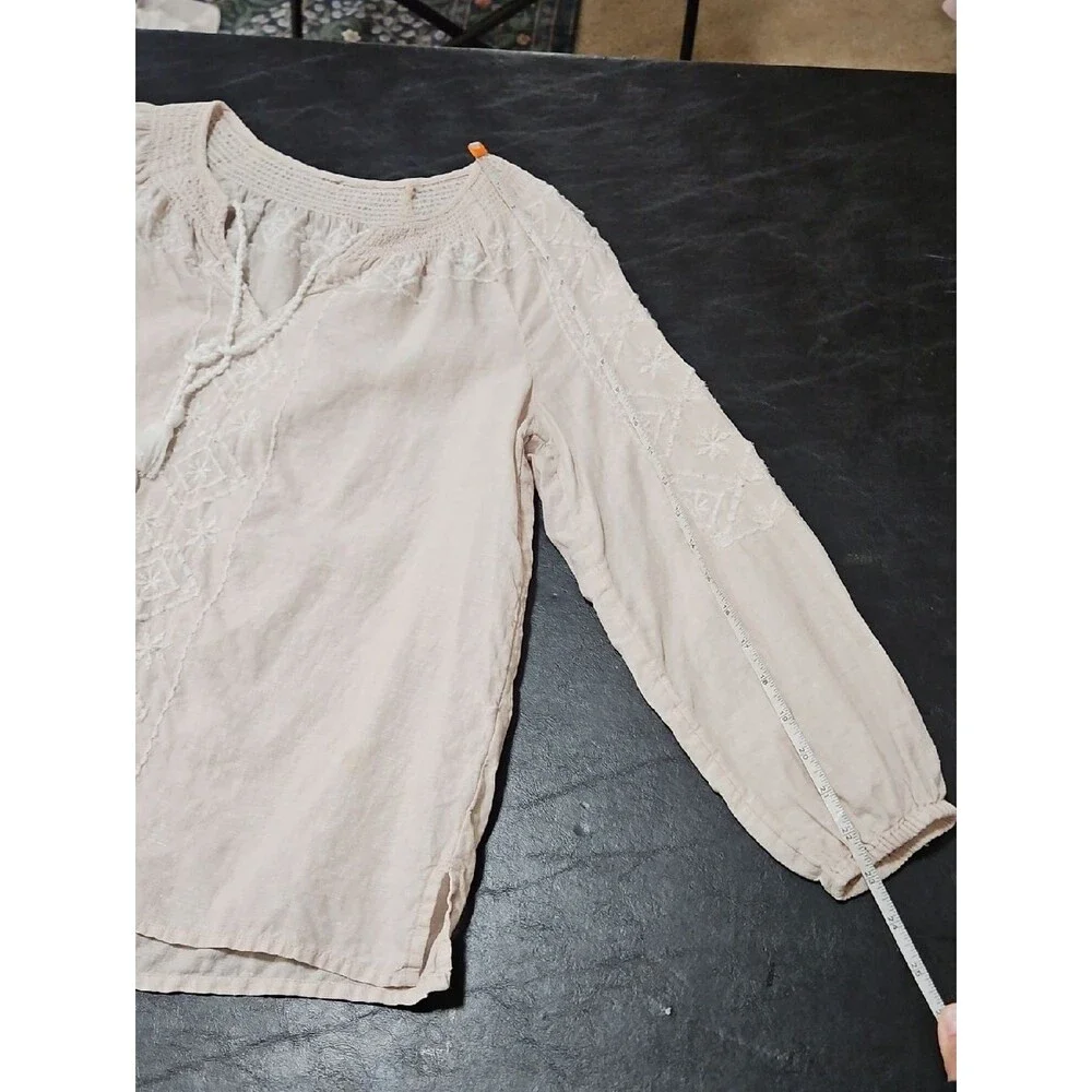 100% LINEN Embroidered Blouse Tassel Top Coastal Grandmother Boho S